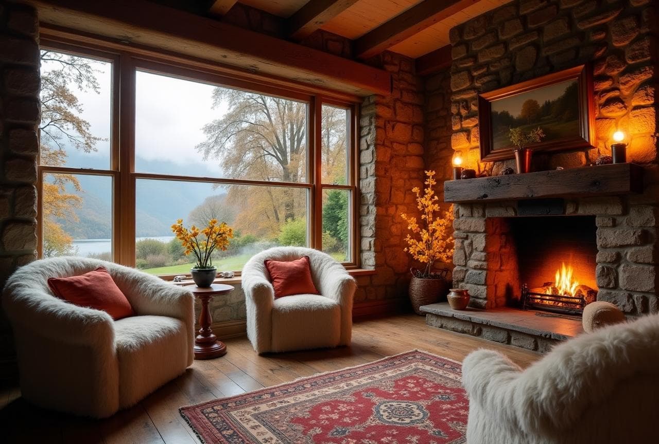A warm cottage living room with a lit wood-burner